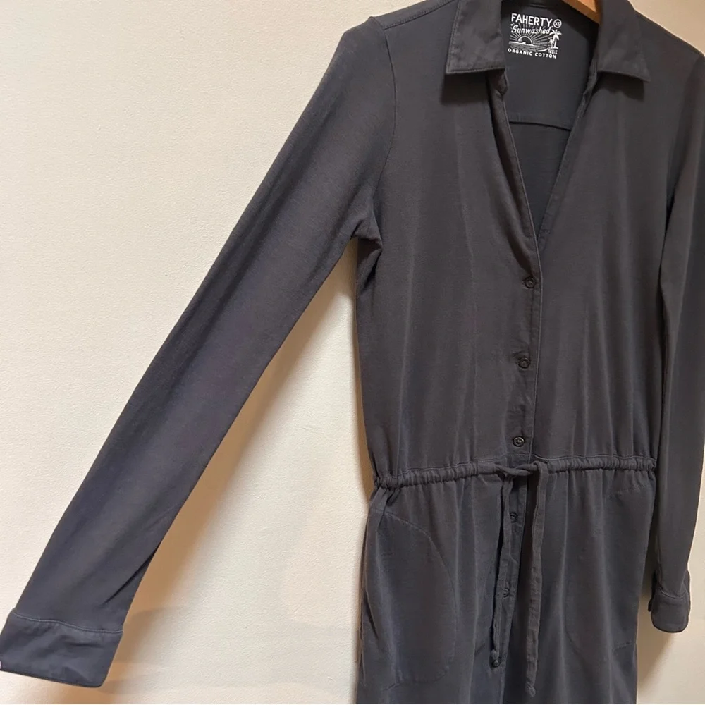 Faherty ~ Organic Sunwashed Gray Cotton Button Front Drawstring Polo Dress- XS